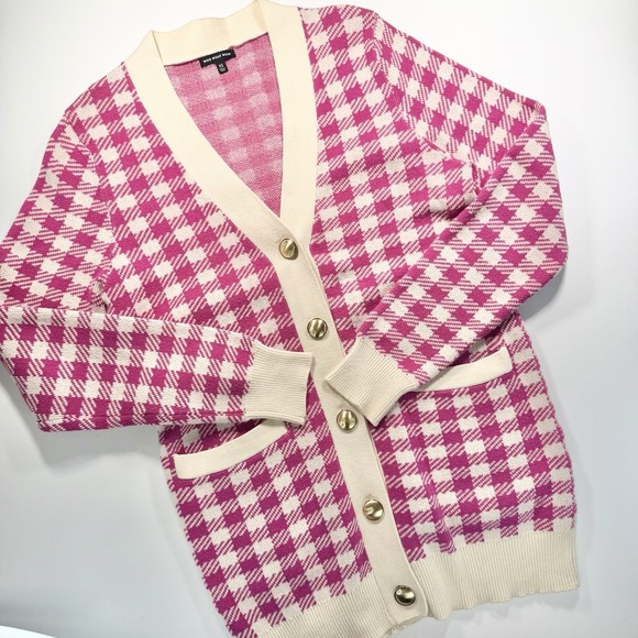 Who What Wear Sweaters - Who What Wear Women's Pink & Ivory Checked Cardigan Sweater XS Classic Old Money